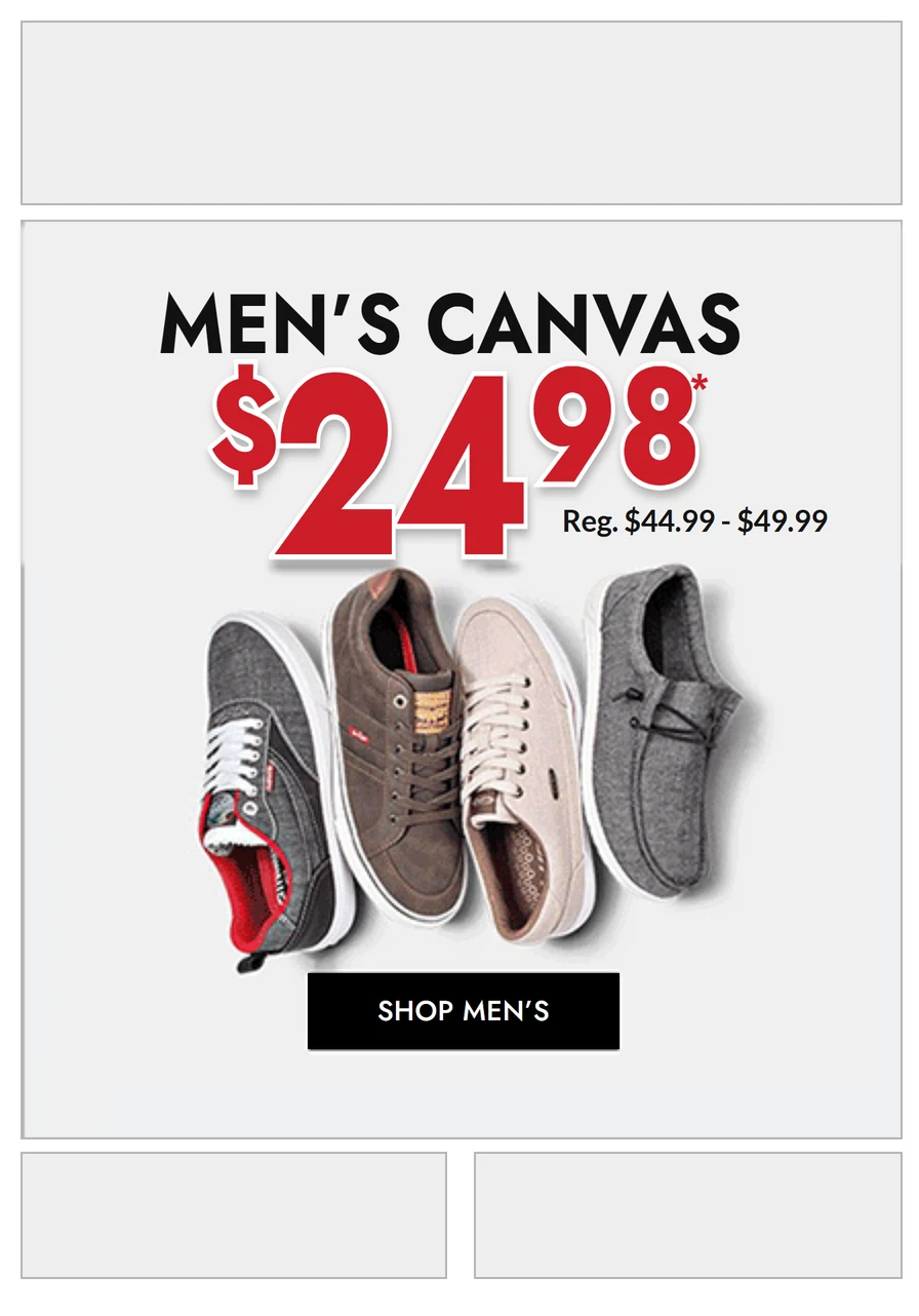 Shoe campaign demonstration cycling different creative in the same email image space