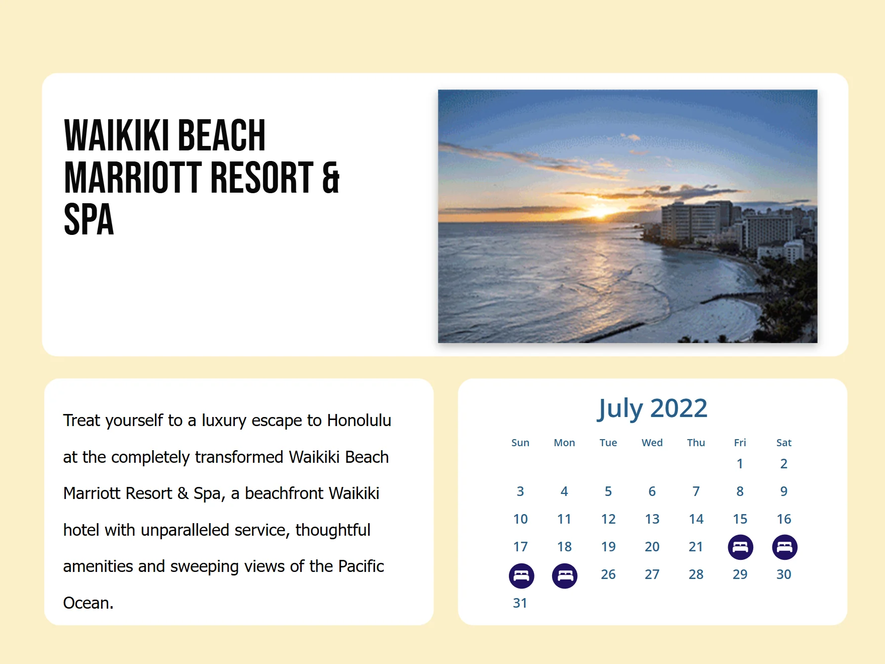 Hotel campaign examples combining property photos, descriptions and calendars with highlighted stays