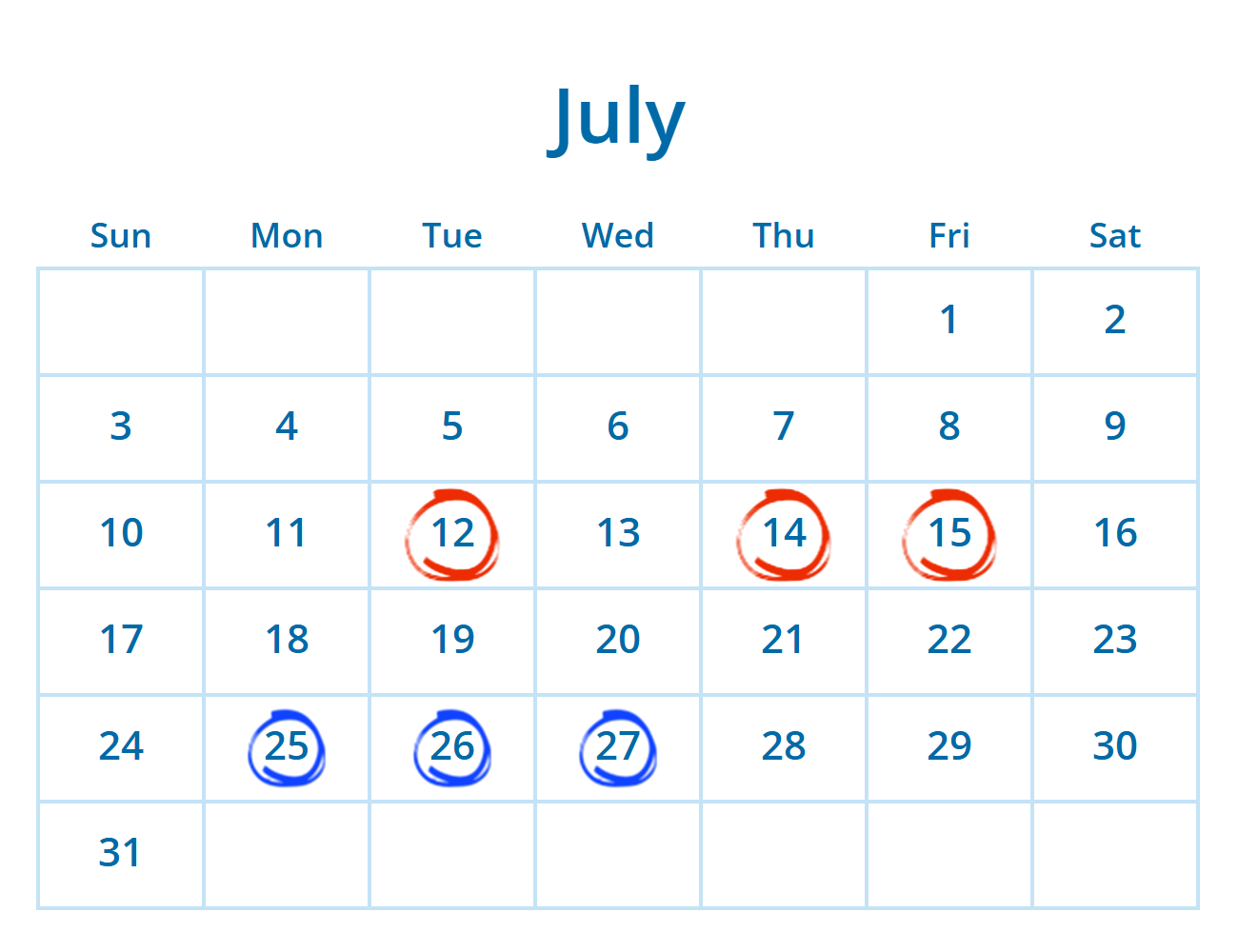 Blue calendar with red and blue circles around two groups of dates
