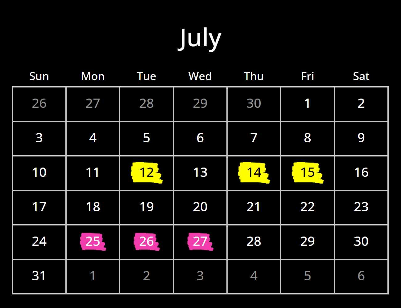 Black calendar with yellow and pink date markers