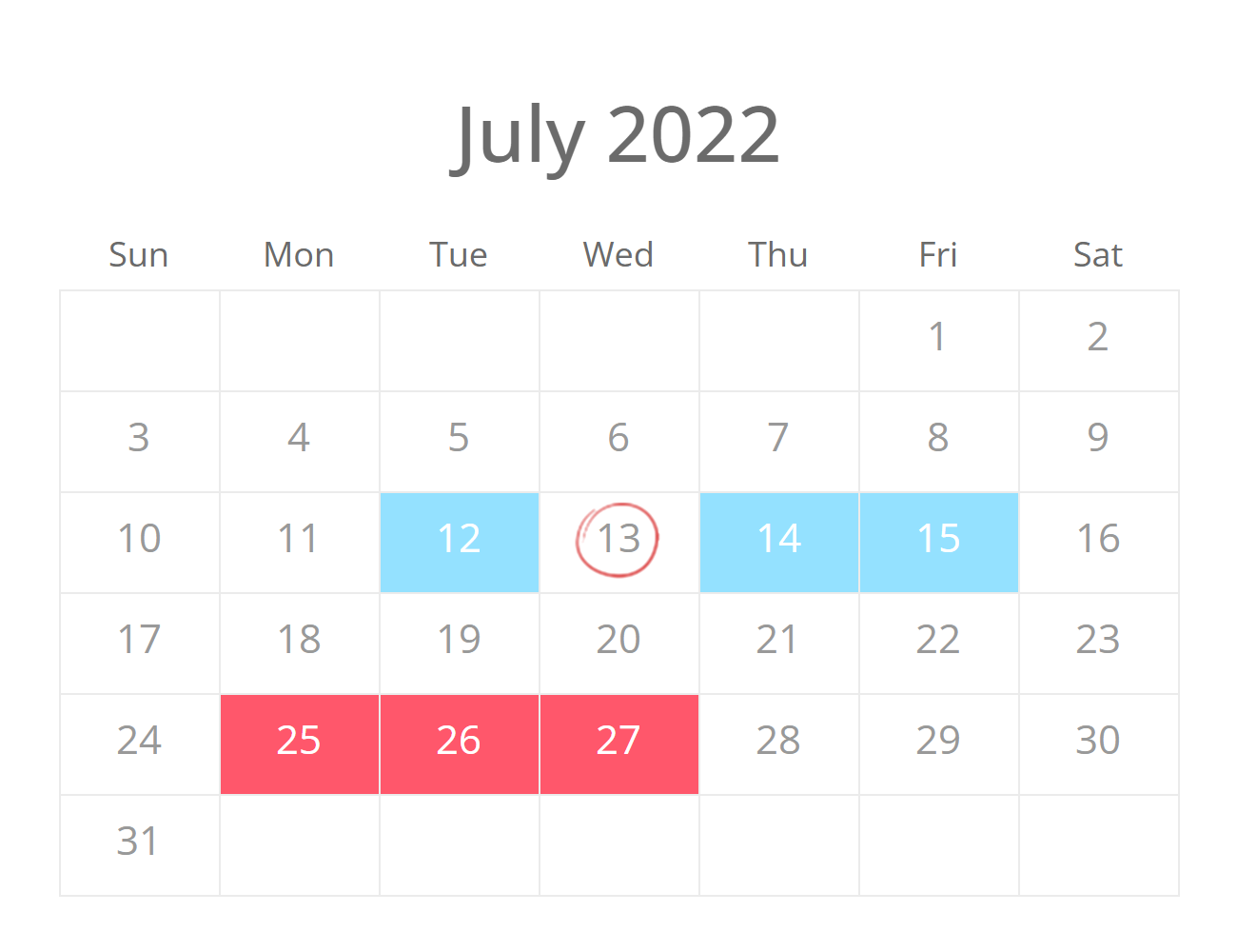 Calendar with blue and red date ranges and a red circle around the 13th