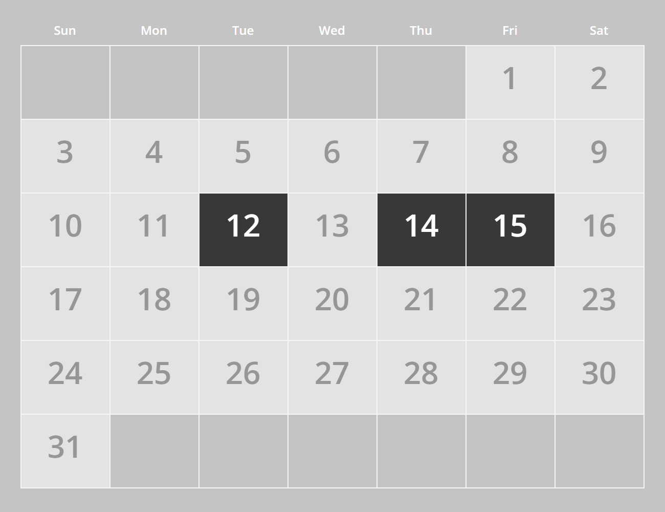 Gray calendar with three dates highlighted in charcoal