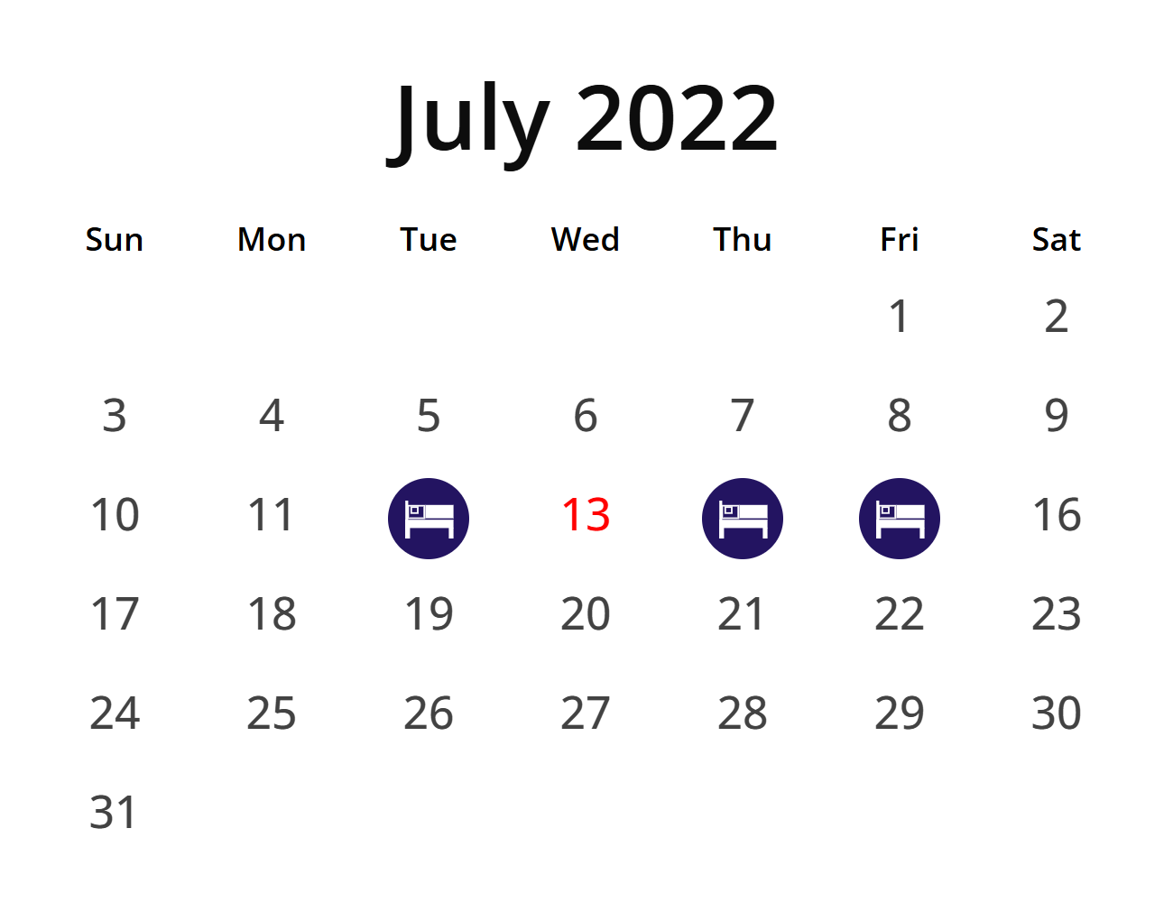 July calendar with hotel-stay icons marking the 12th, 14th and 15th