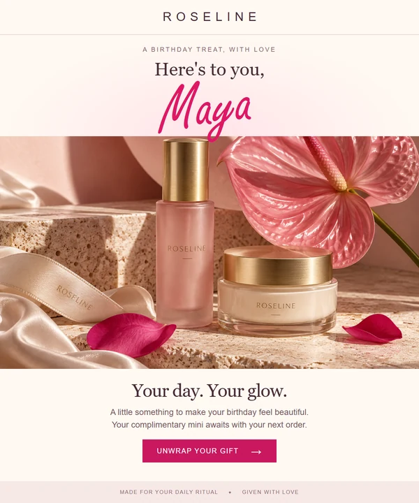 Illustrative birthday email with Maya's name in pink cursive above blush skincare photography