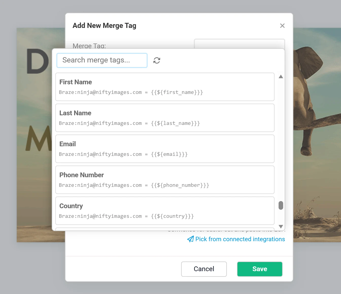 NiftyImages merge-tag picker listing Braze attributes such as First Name and Email with their ready-to-insert Liquid tags