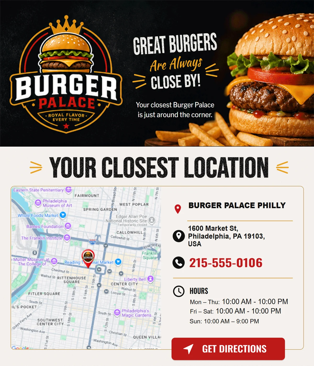 Burger Palace map with a branded location marker in Philadelphia