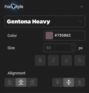 Actual editor controls for the selected name layer: Gentona Heavy font, mauve text color, size and centered alignment