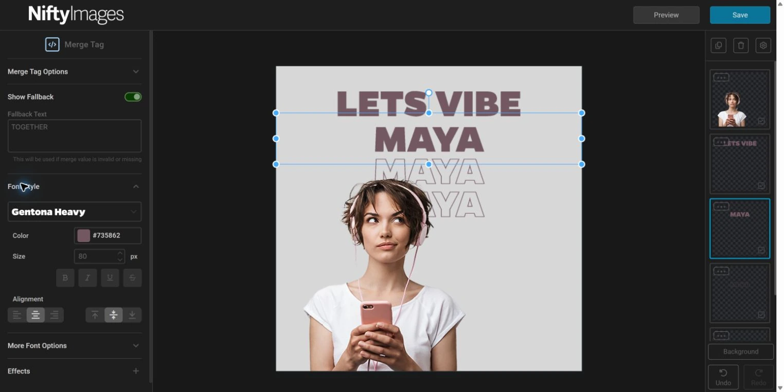 Headphones campaign with Maya's name repeated in filled and outlined text