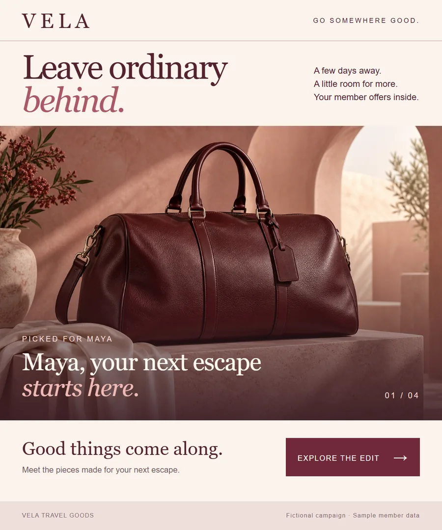 Illustrative Vela travel goods email. Its main image plays four slides: a greeting to Maya by name, her Gold member price, her personal discount code and a monogramming offer