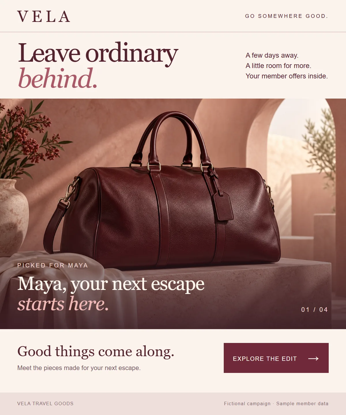 Illustrative Vela travel goods email. Its main image plays four slides: a greeting to Maya by name, her Gold member price, her personal discount code and a monogramming offer