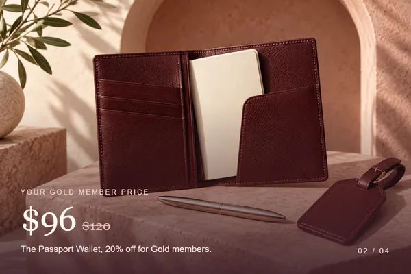 Slide two: a passport wallet at Maya's Gold member price of 96 dollars, reduced from 120