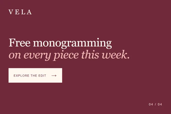 Slide four: free monogramming on every piece this week, with an Explore the edit button