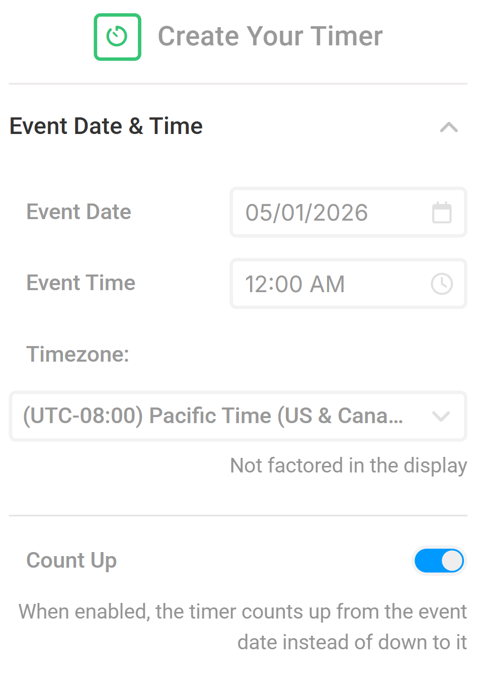 Timer Studio date and time controls with Count Up enabled
