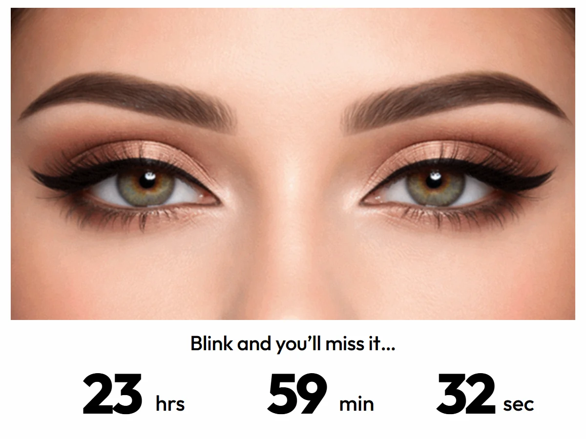 Beauty campaign with a countdown beneath a close-up eye photograph