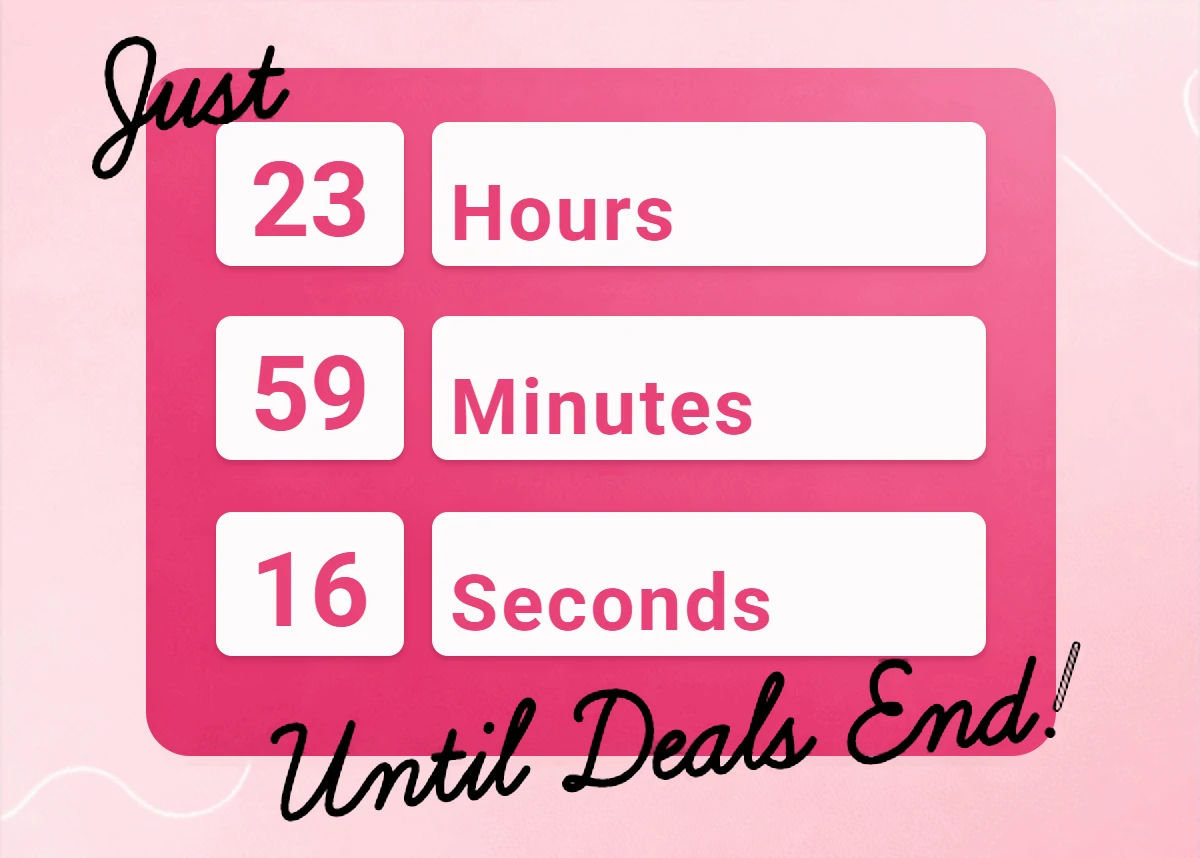 Pink sale countdown with hours, minutes and seconds stacked vertically