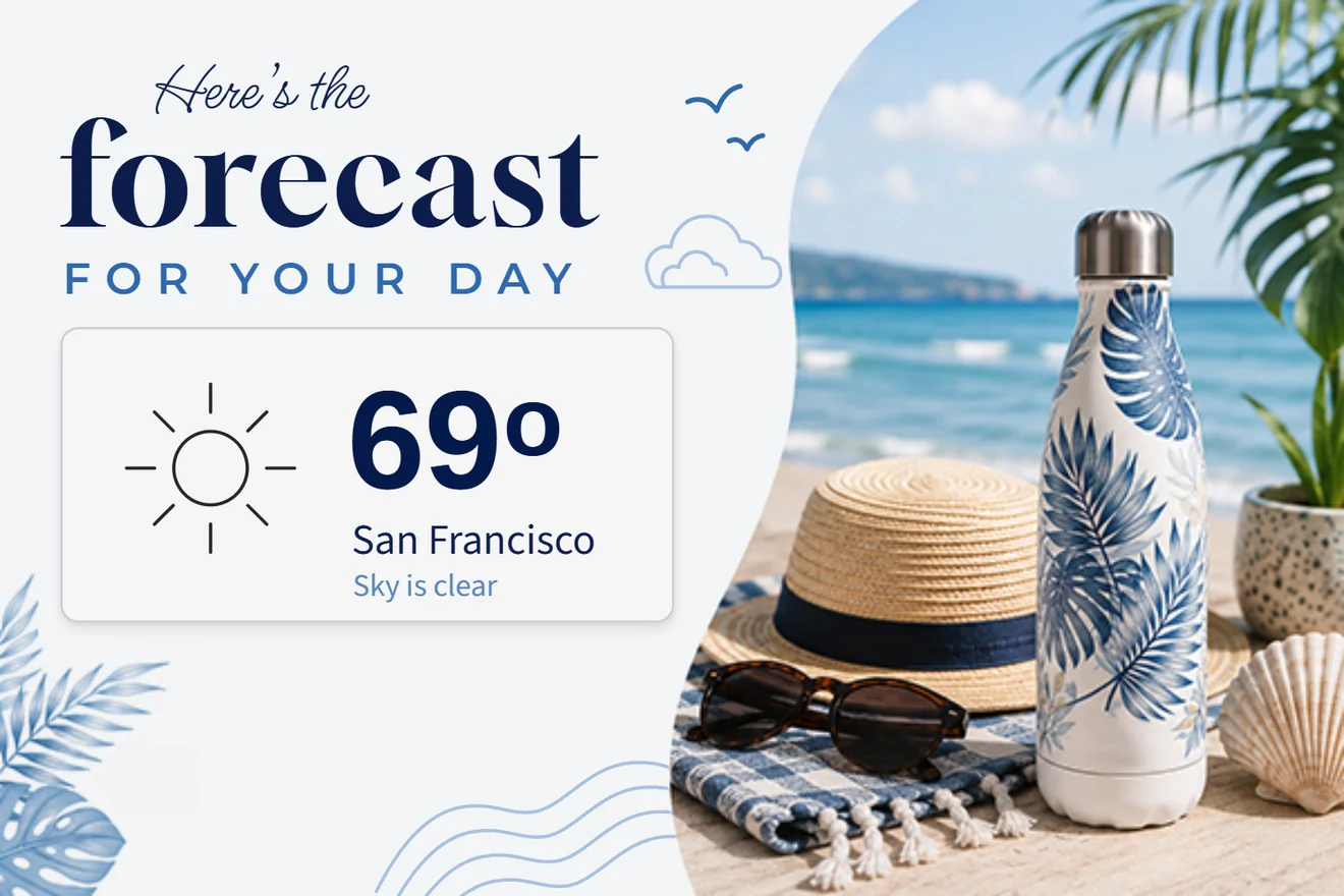 Example email artwork pairs a 69-degree San Francisco forecast with a sun hat, sunglasses and water bottle.