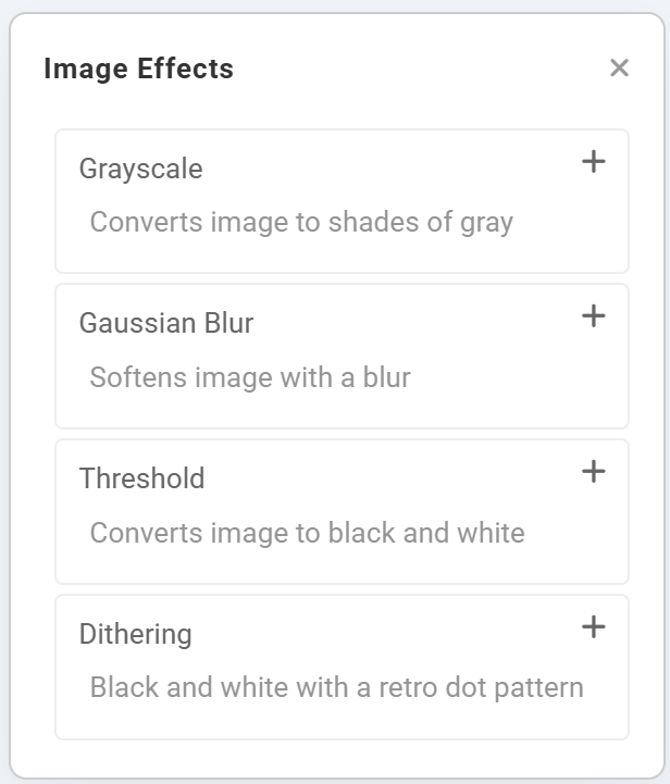 The same product image with grayscale, blur, threshold, and dithering effects applied